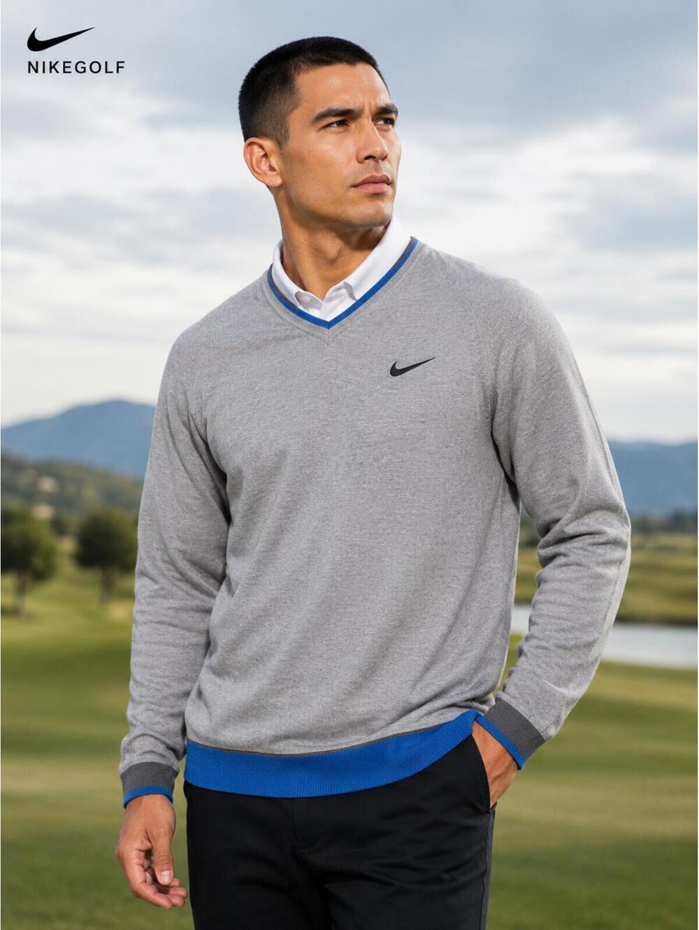Nike Golf Performance Sweater Men’s 2XL Gray Blue V-Neck Lightweight Pullover